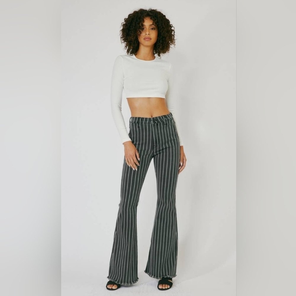 KanCan HR Flare Denim Jeans Raw Hem Black White Stripe Retro Stretch 5/26